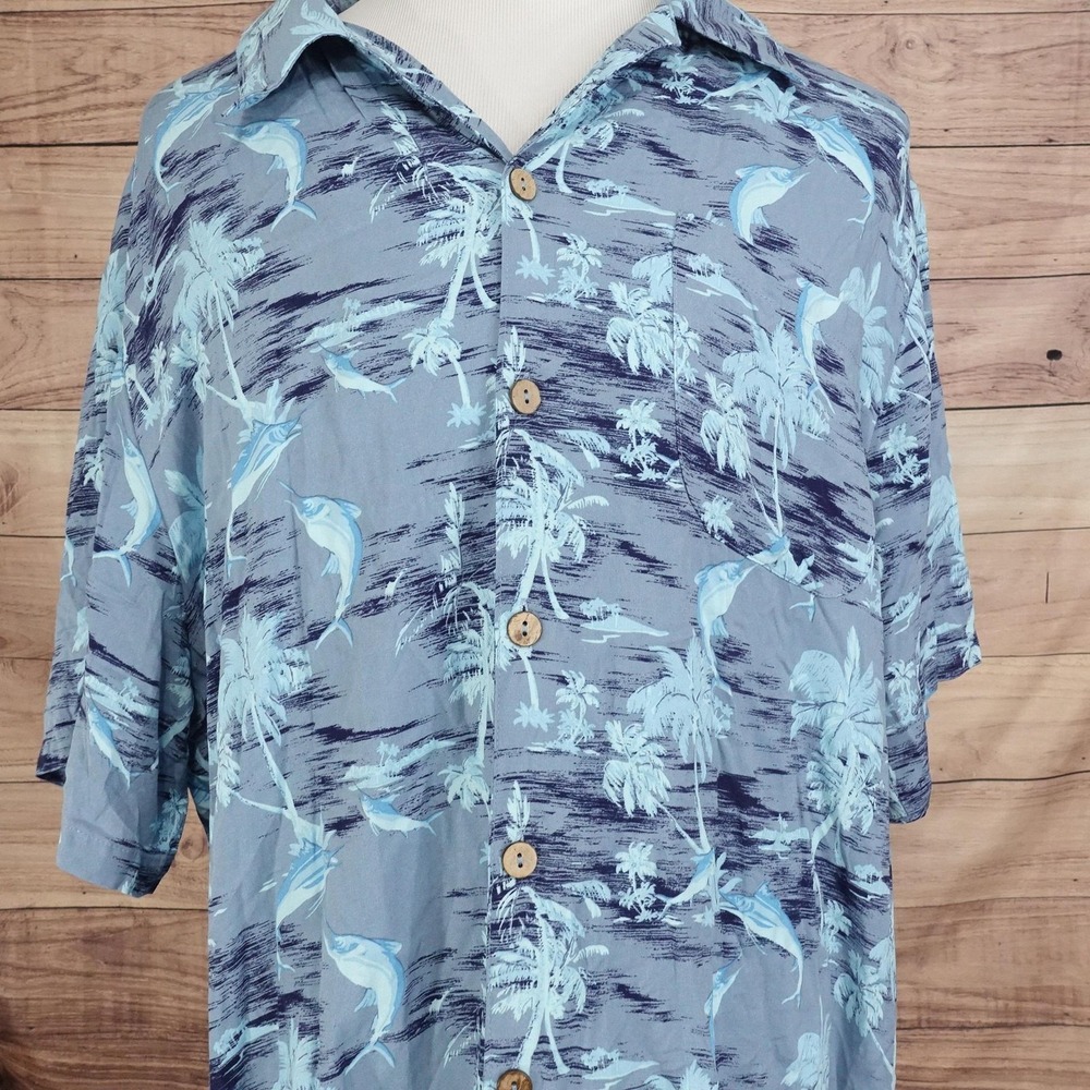 KS Island Shirt Mens Big 2X Blue Tropical Fish Hawaiian Short Sleeve Button-Up